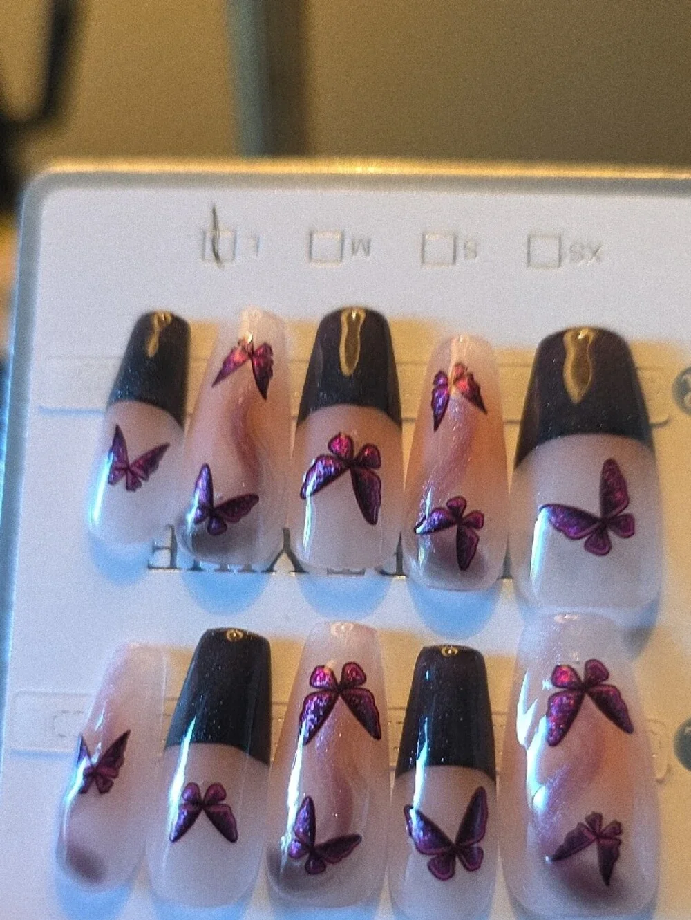 Purple Butterfly Press-On Nails - Nude & Purple Glitter French Tips Size Large